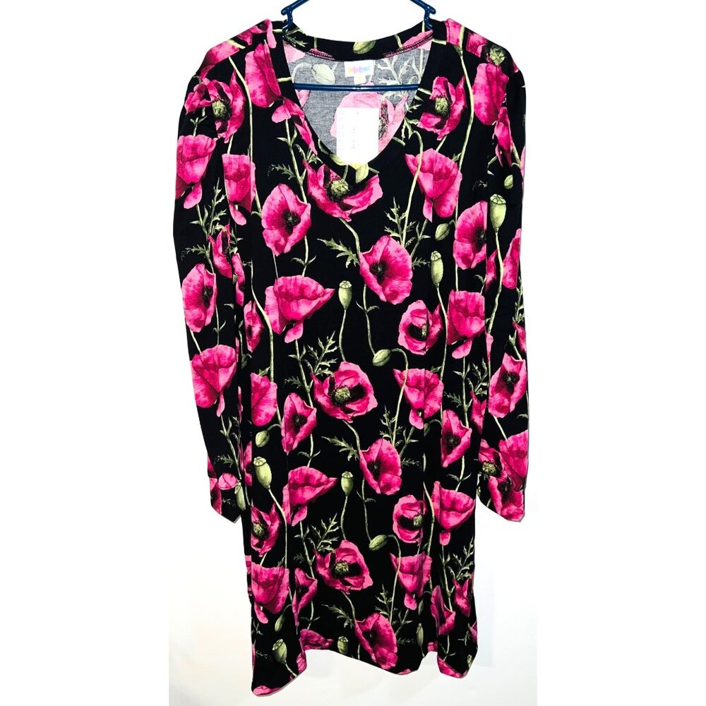 New LuLaRoe Black & Pink Poppy Floral Long Sleeve Dress 3XL - Picture 2 of 4